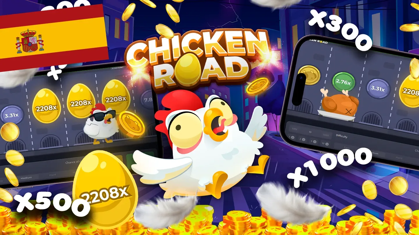 Poule de Chicken Road, œuf doré et illustration violette du jeu