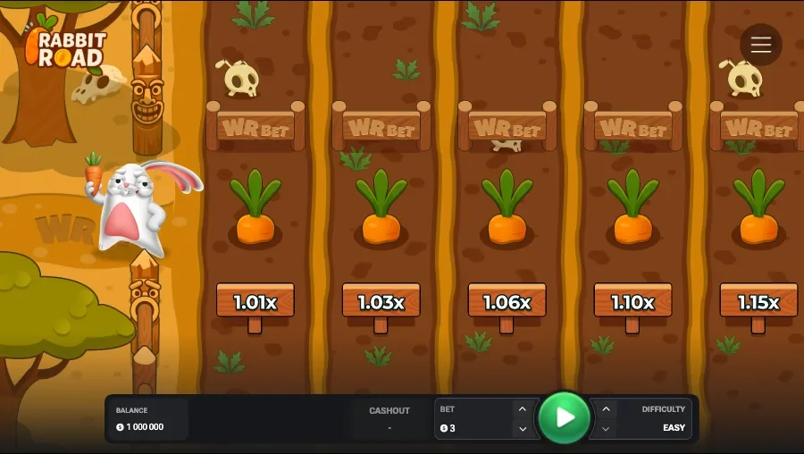 Schermata di Rabbit Road con un coniglio e posizioni dei moltiplicatori a forma di carota