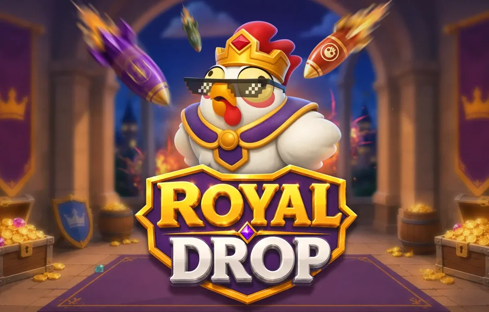 Grafica promozionale di Royal Drop con una gallina incoronata