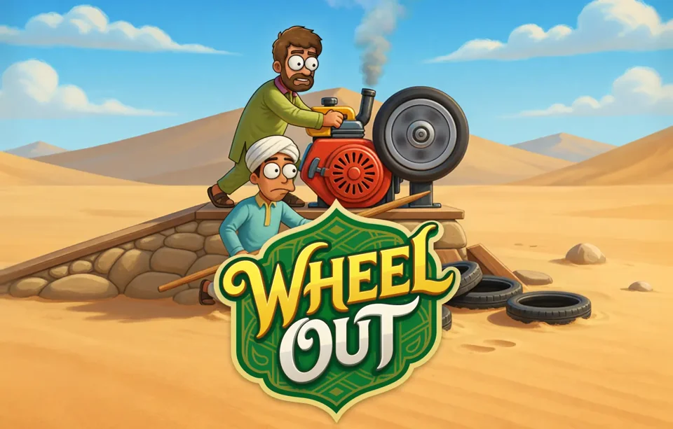 Grafica promozionale di Wheel Out con una ruota e un personaggio